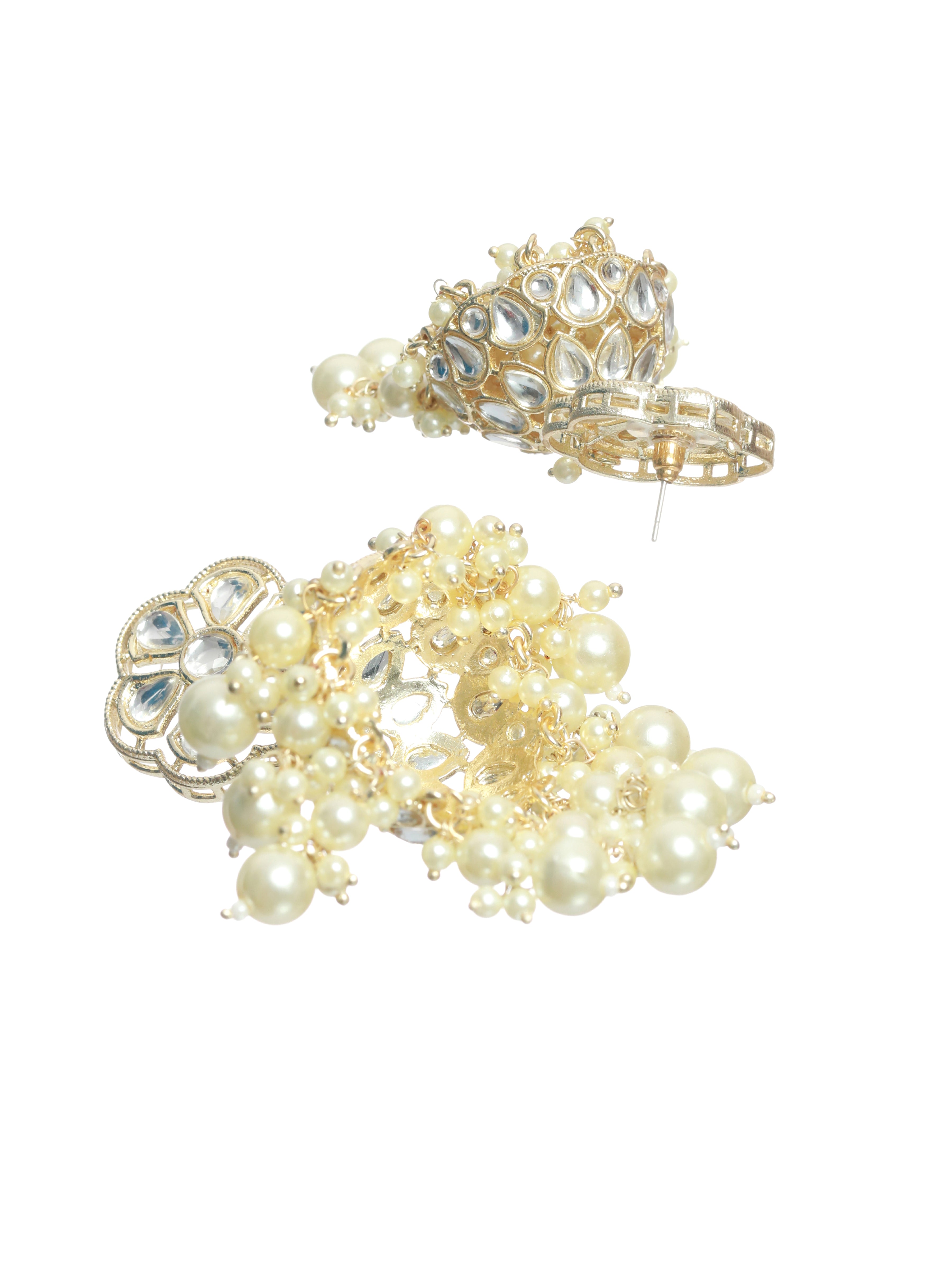 Off White Beads Kundan studded & Beaded Contemporary Jhumkas Earrings