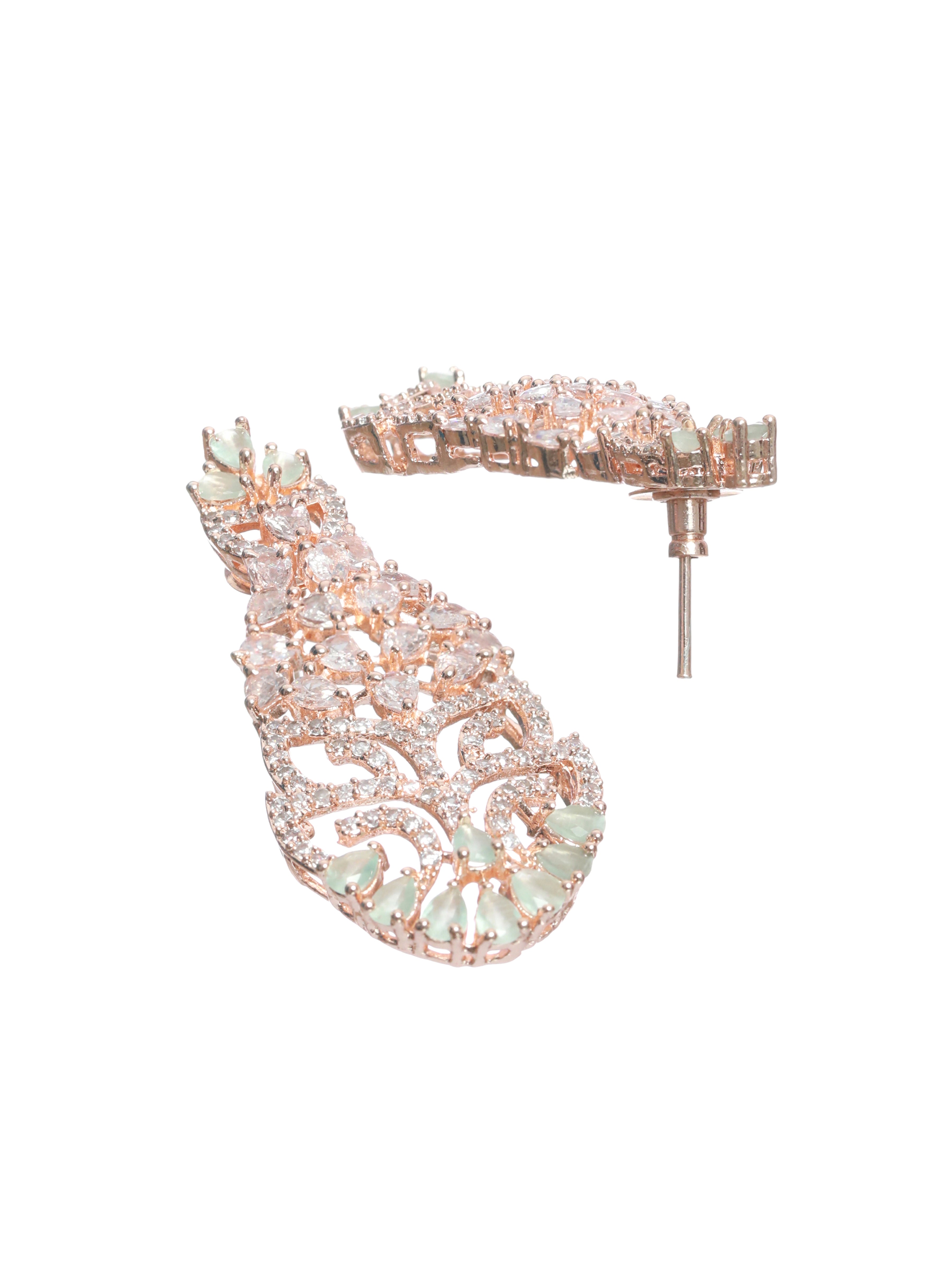 Rose Gold-Plated Mint Green & White AD-Studded Handcrafted Jewellery Set - Jazzandsizzle