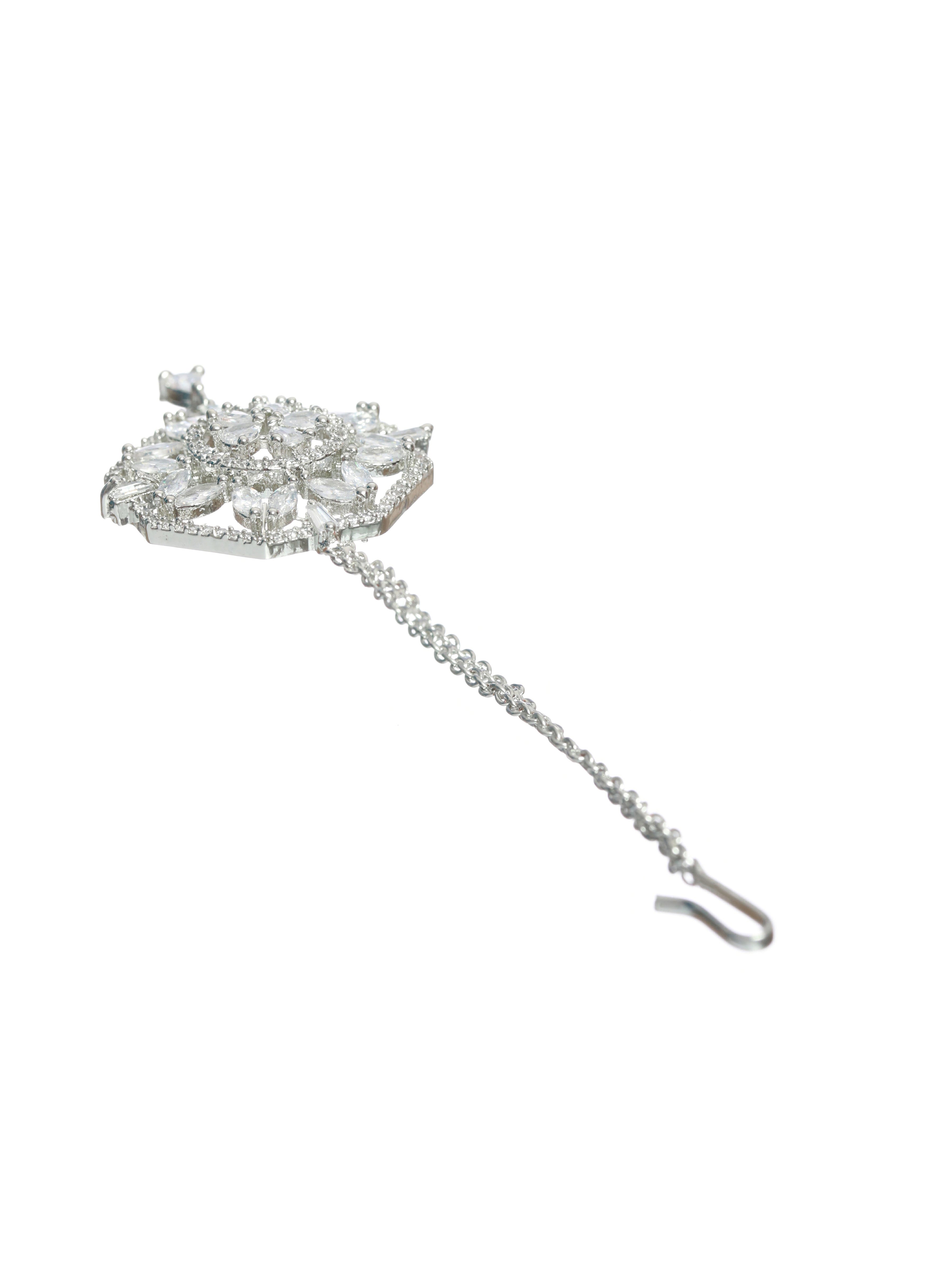 Silver-Plated White AD & CZ-Studded Handcrafted Jadau Maang Tikka - Jazzandsizzle