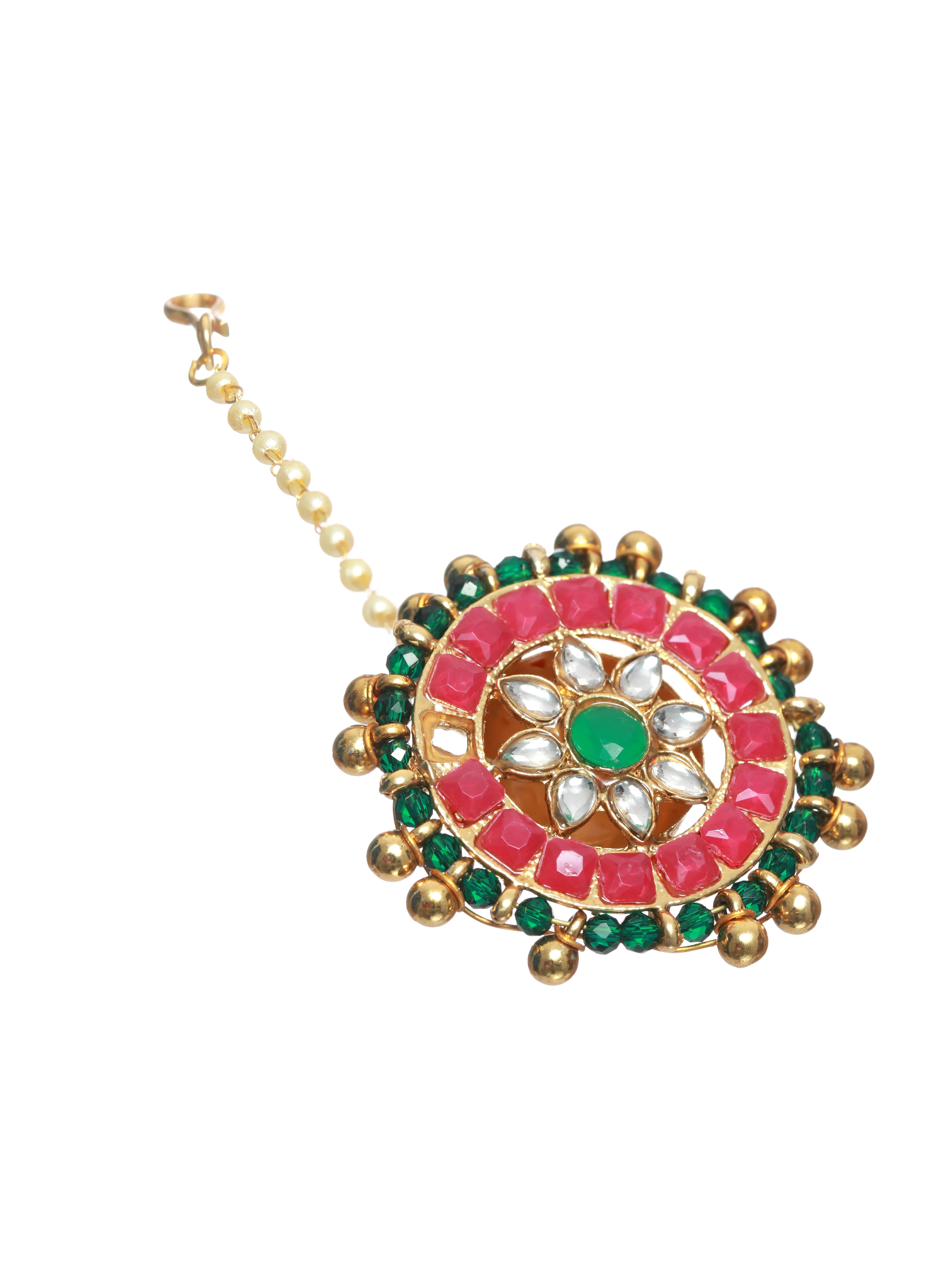 Gold-Toned Green & Pink Kundan stone studded & Pearls Beaded Traditional Borla - Jazzandsizzle