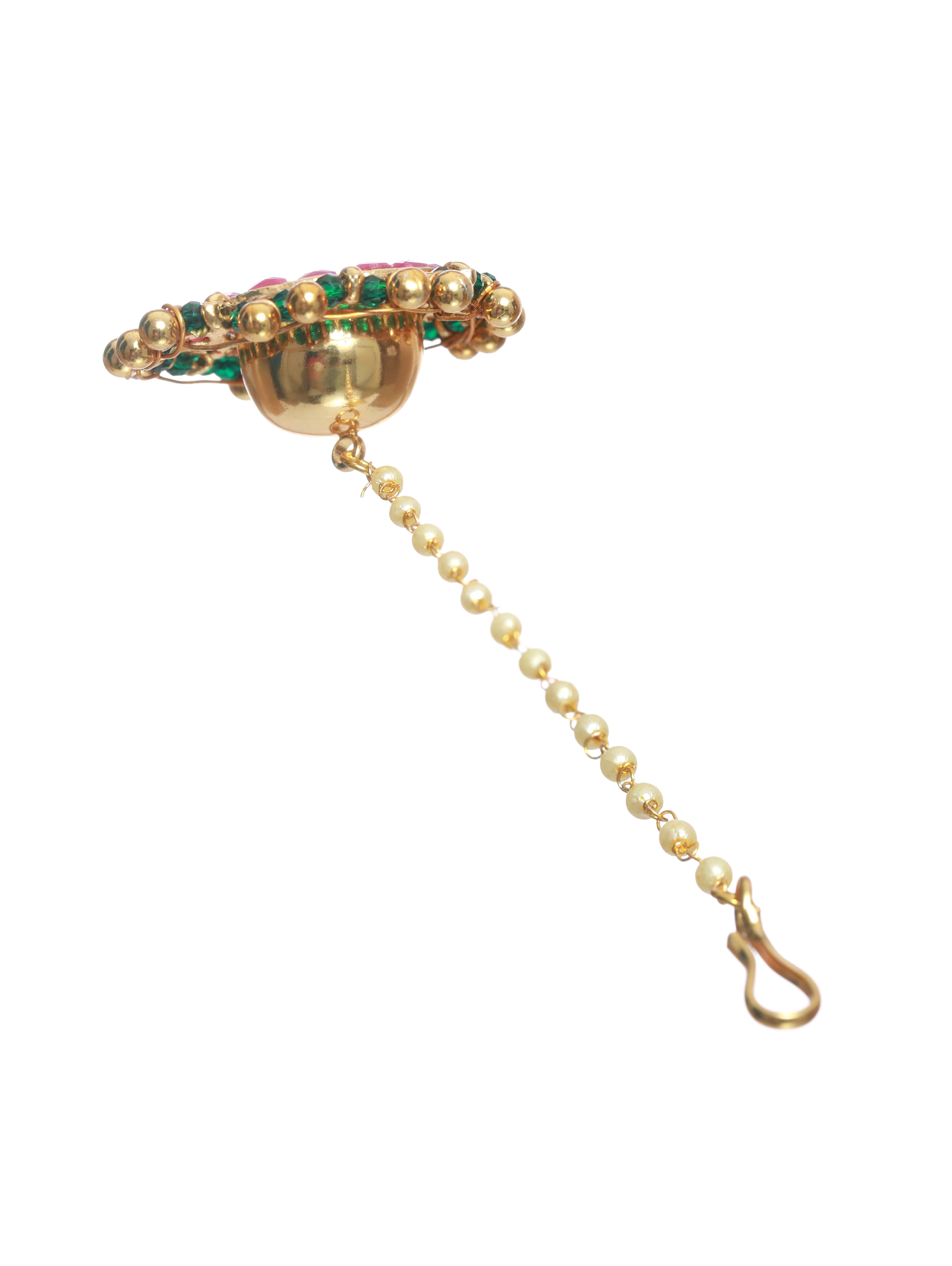 Gold-Toned Green & Pink Kundan stone studded & Pearls Beaded Traditional Borla - Jazzandsizzle