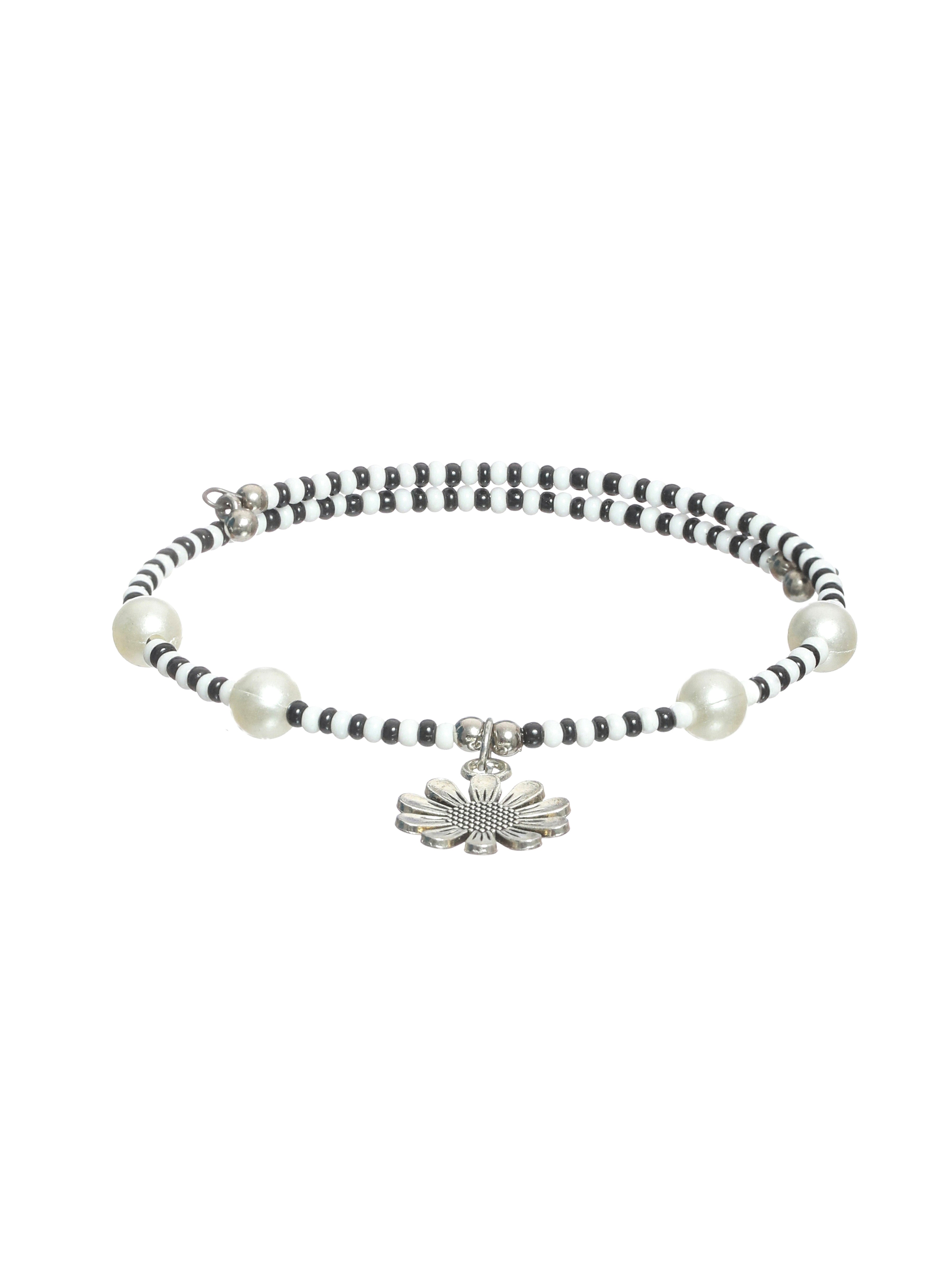 Set of 2 Silver-Toned & Black & White Beaded Handcrafted Anklets - Jazzandsizzle