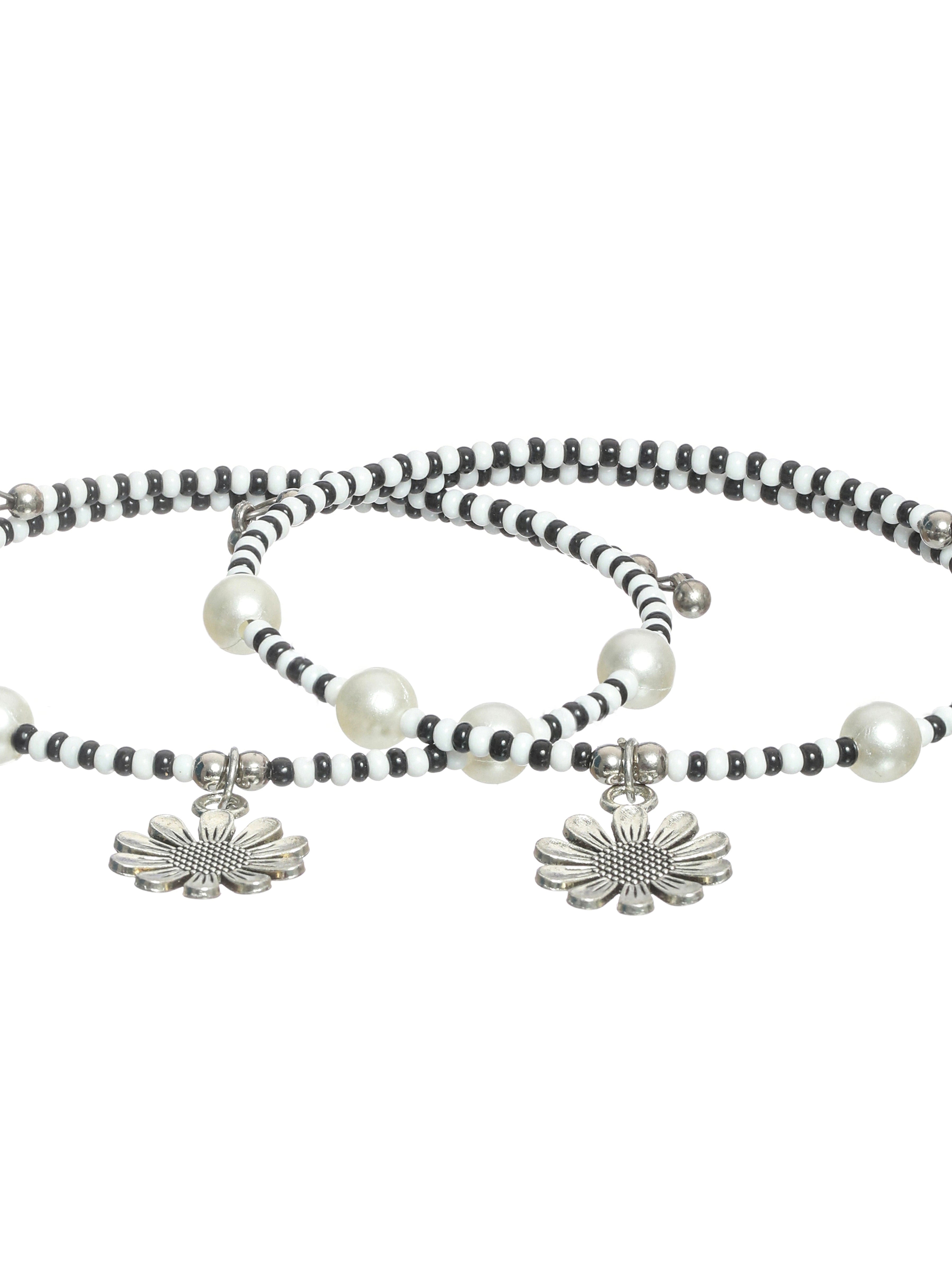 Set of 2 Silver-Toned & Black & White Beaded Handcrafted Anklets