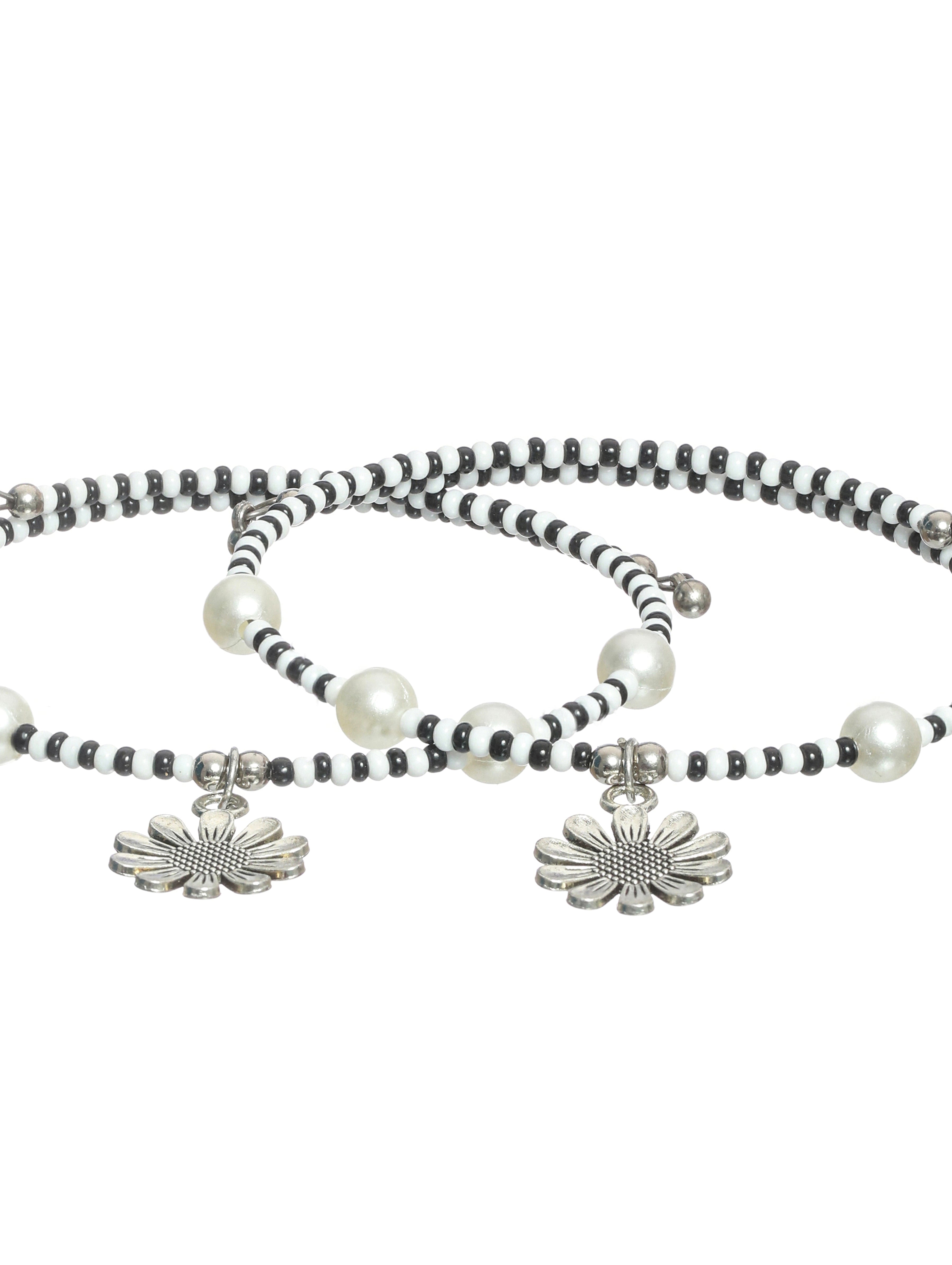 Set of 2 Silver-Toned & Black & White Beaded Handcrafted Anklets - Jazzandsizzle