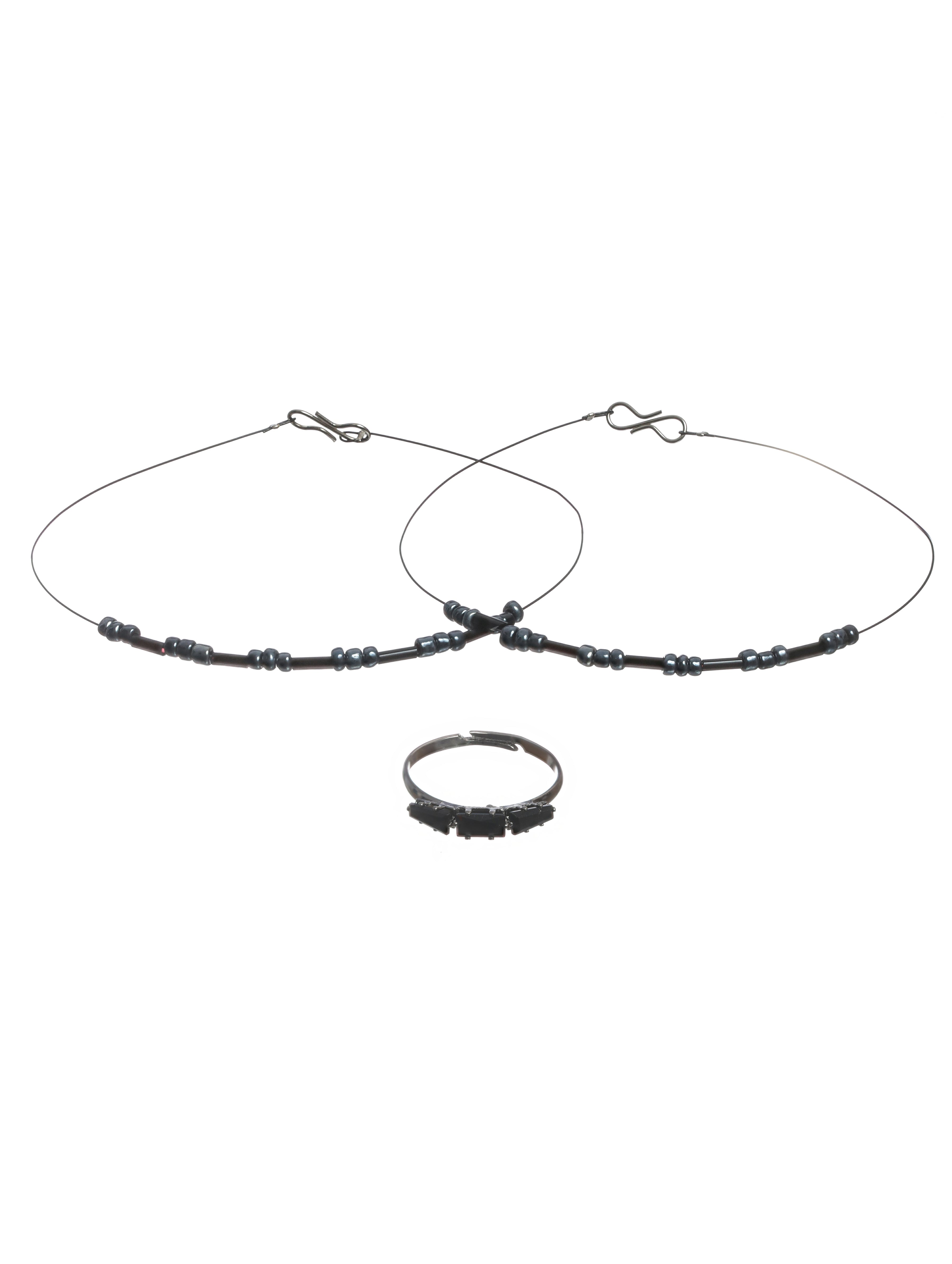 Set of 2 Black Handcrafted Anklets & 1 Black Stone Ring - Jazzandsizzle
