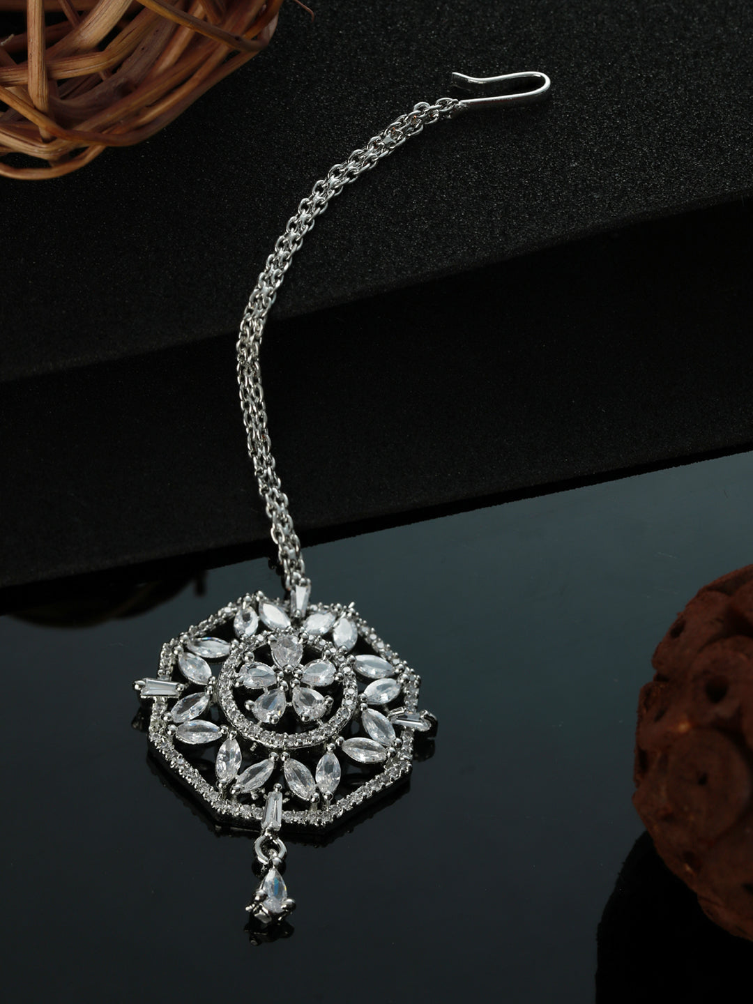 Silver-Plated White AD & CZ-Studded Handcrafted Jadau Maang Tikka - Jazzandsizzle