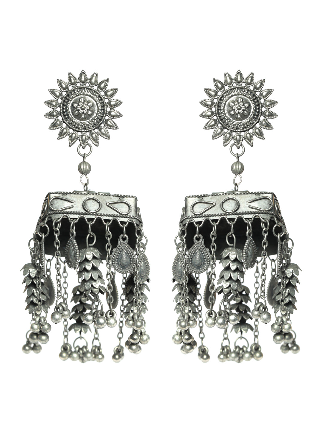 Oxidised Silver-Toned Antique Handcrafted Tasselled Jhumka Earrings - Jazzandsizzle