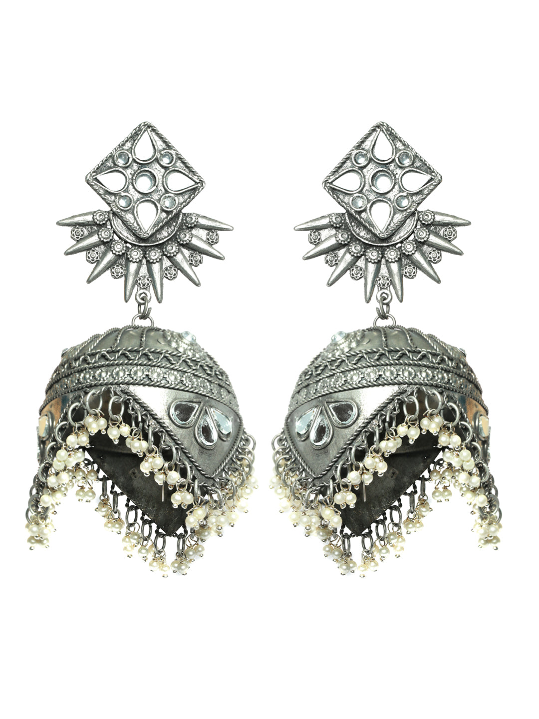 Silver-Plated Antique Handcrafted Mirrored Dome Shaped Jhumkas Earrings - Jazzandsizzle