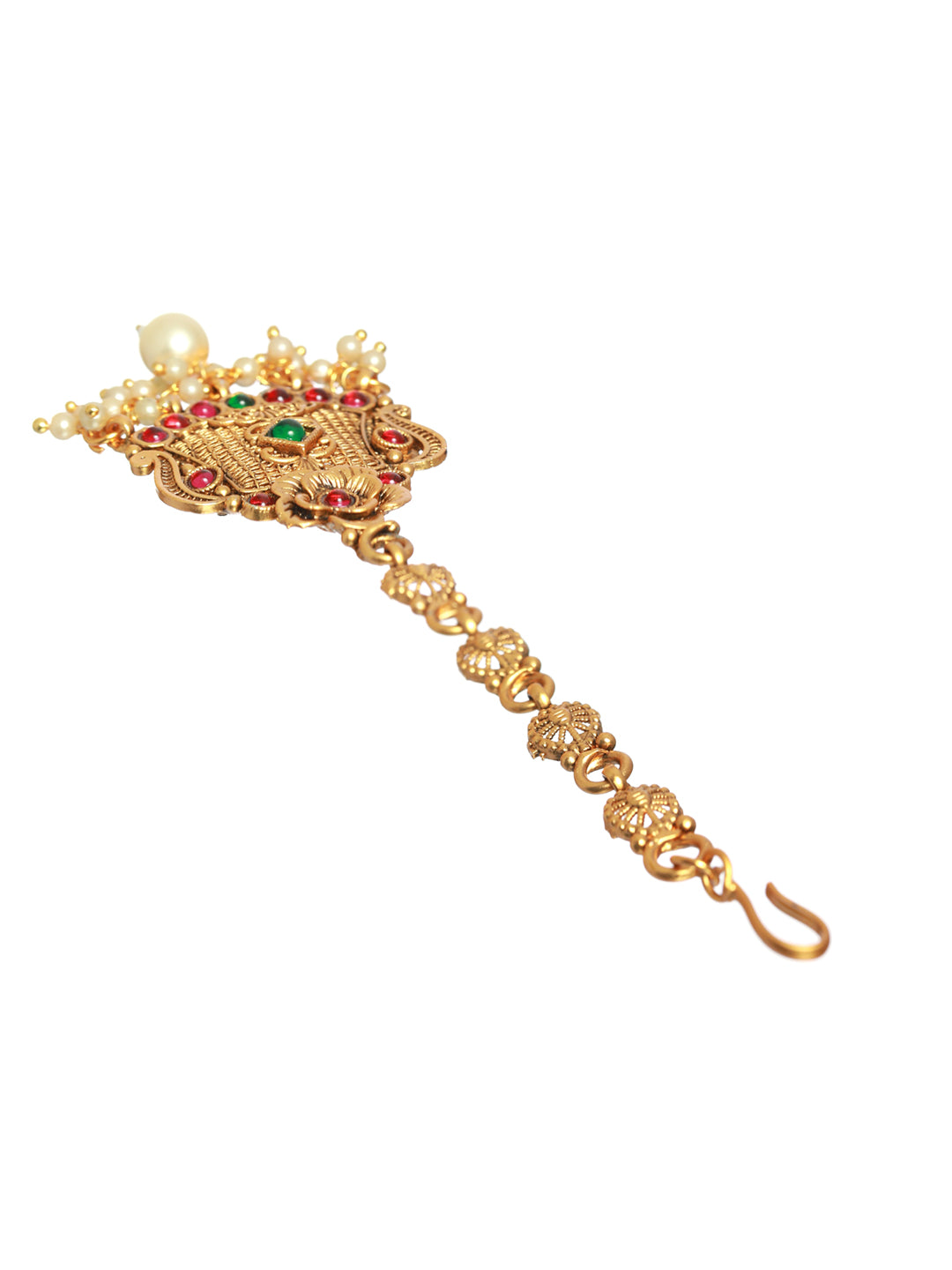 Gold-Plated Green & Red Stone-Studded & Beaded Floral Temple Maang Tikka - Jazzandsizzle