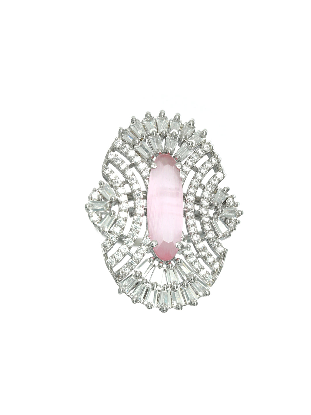 Pink American Diamond studded,Silver-Plated CZ Studded Adjustable Finger Ring - Jazzandsizzle