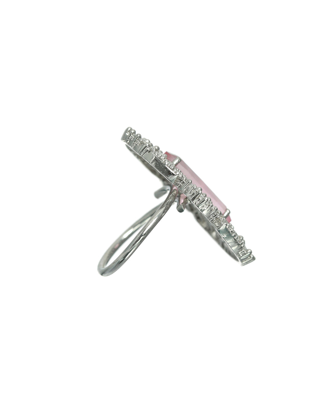 Pink American Diamond studded,Silver-Plated CZ Studded Adjustable Finger Ring - Jazzandsizzle