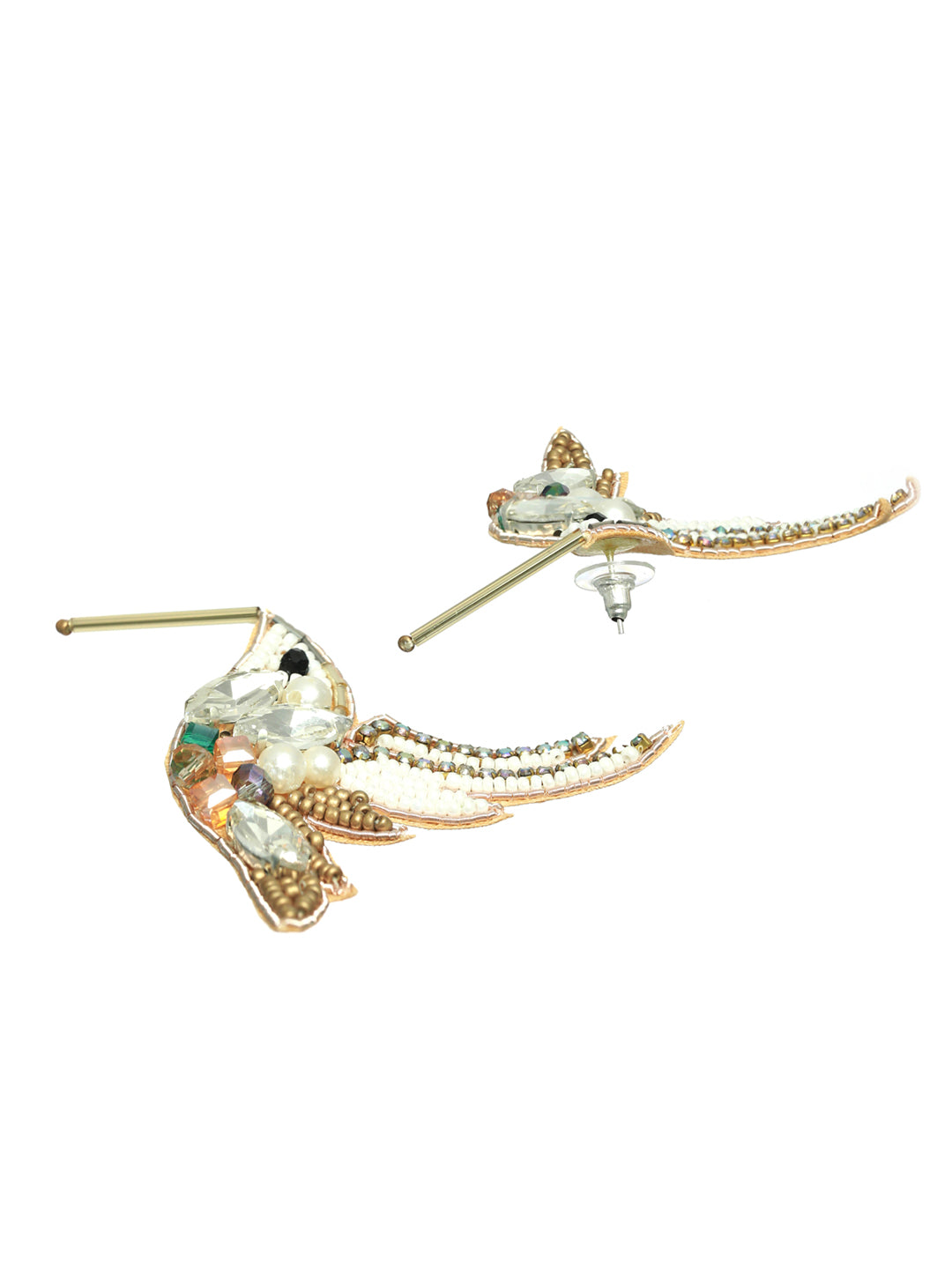 Gold Toned Beads & White Crystals Studded Contemporary Bird shaped Earrings - Jazzandsizzle