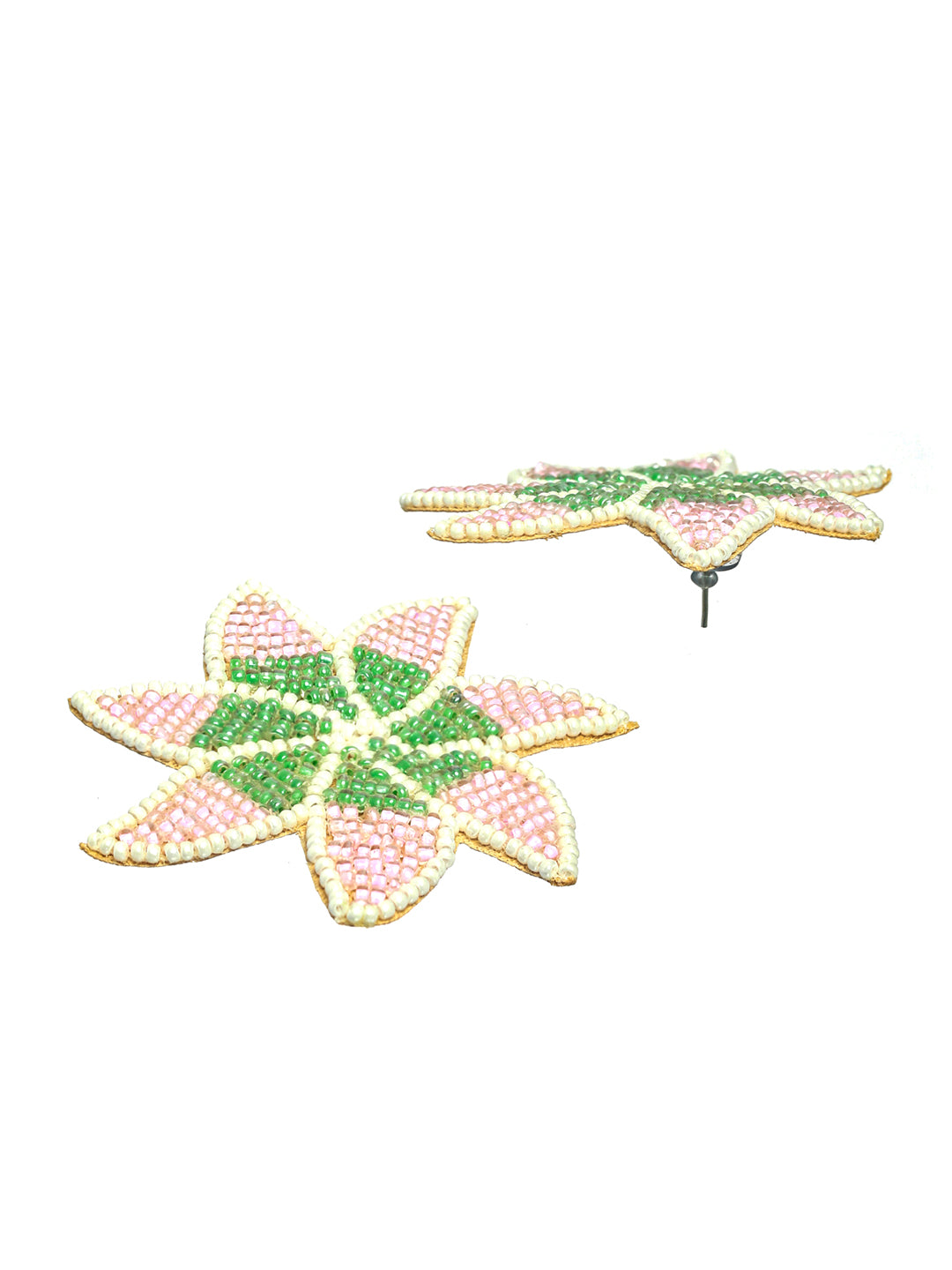 Woman Pink & Green Star Shaped Embroidered Stud Earrings - Jazzandsizzle