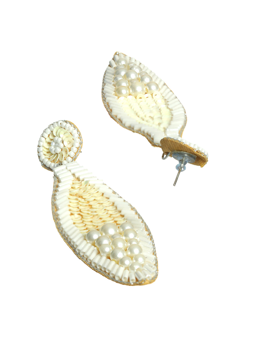 White & Gold-Toned Teardrop Handcrafted Beaded & Pearl Work Drop Earrings - Jazzandsizzle