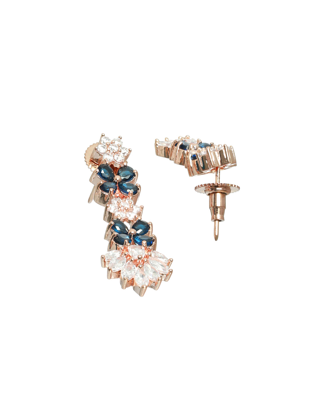 Rose Gold-Plated Blue & white Ameriacna Diamond & CZ-Studded Floral Jewellery Set - Jazzandsizzle