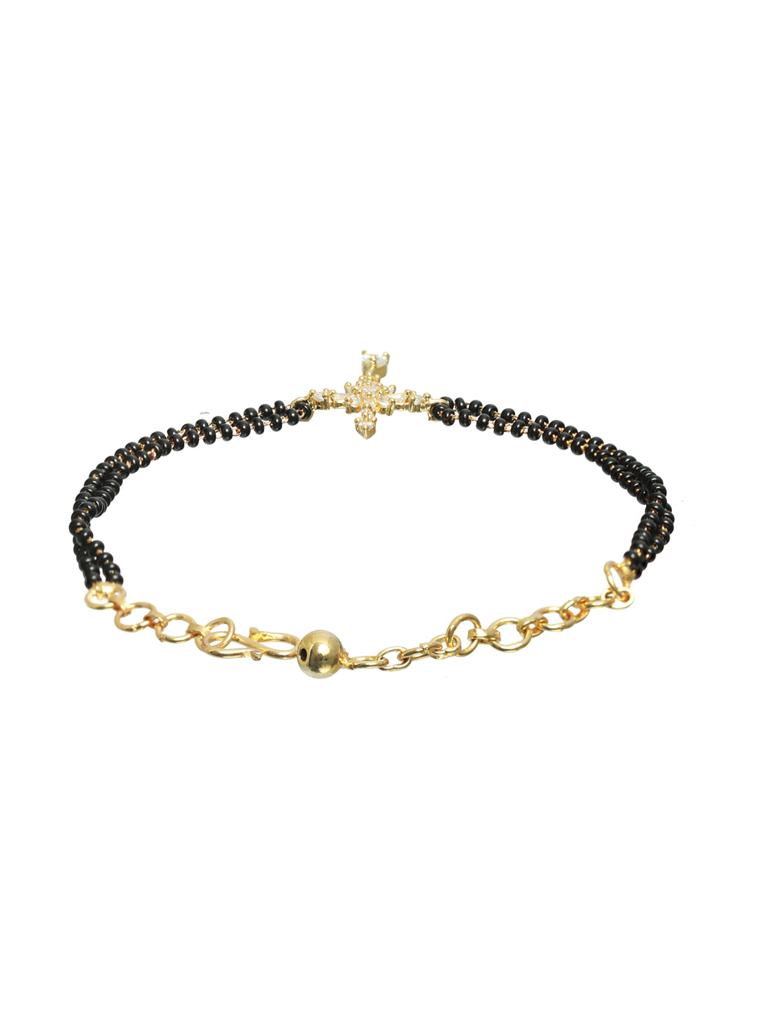 Women Gold-Plated & Black Stone Beaded American Diamond Hand Mangalsutra - Jazzandsizzle