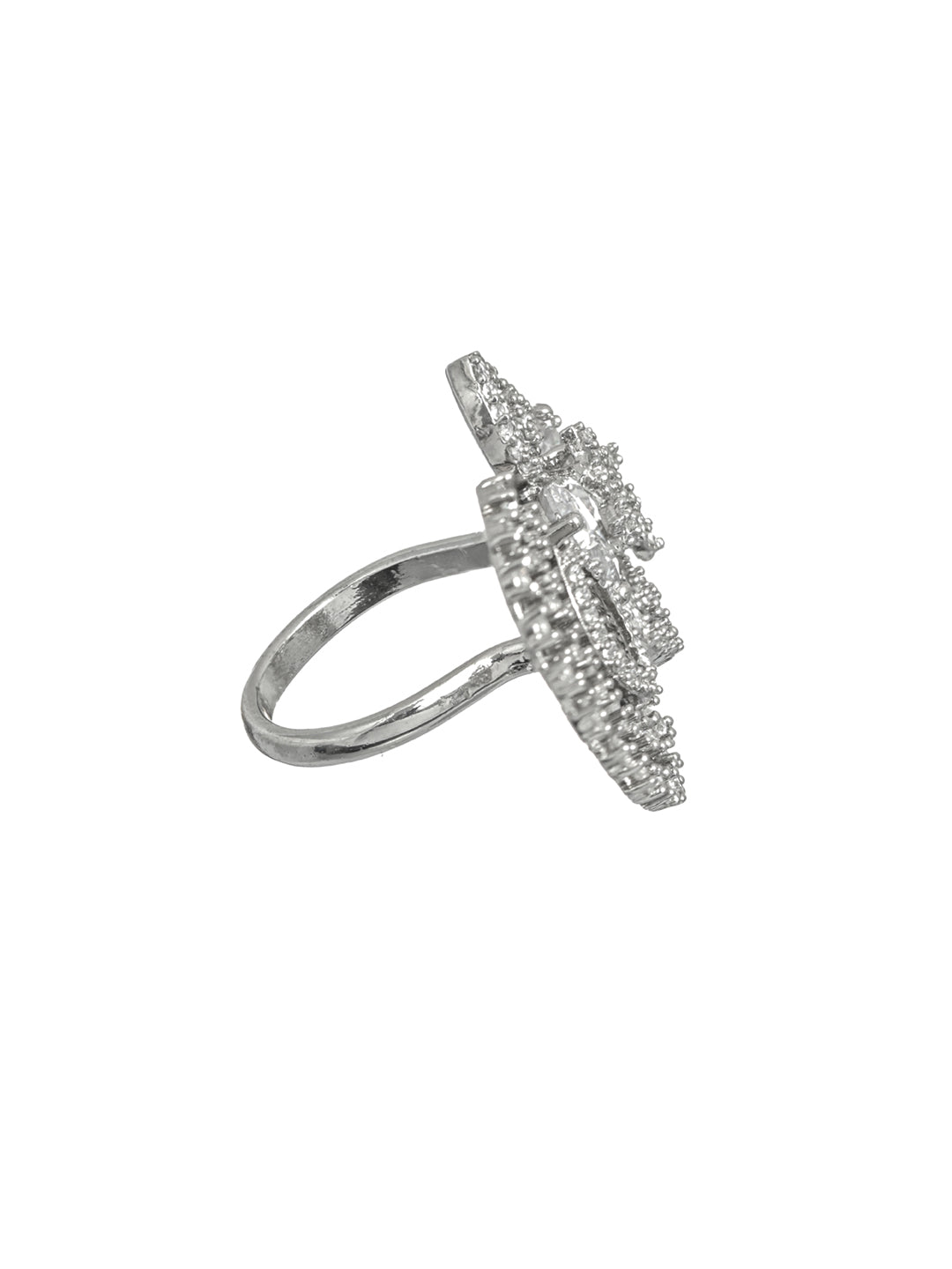 Silver Plated CZ studded Floral Shaped Adjustable Ring - Jazzandsizzle