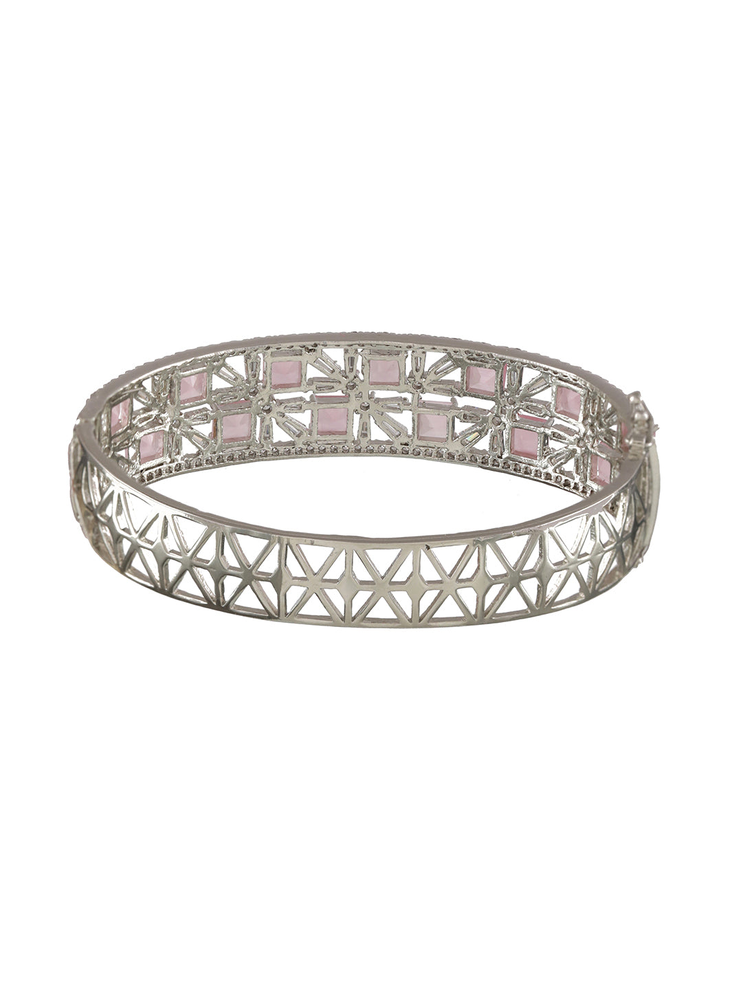 Silver Plated Pink American Diamond Studded Handcrafted Bangle Style Bracelet - Jazzandsizzle