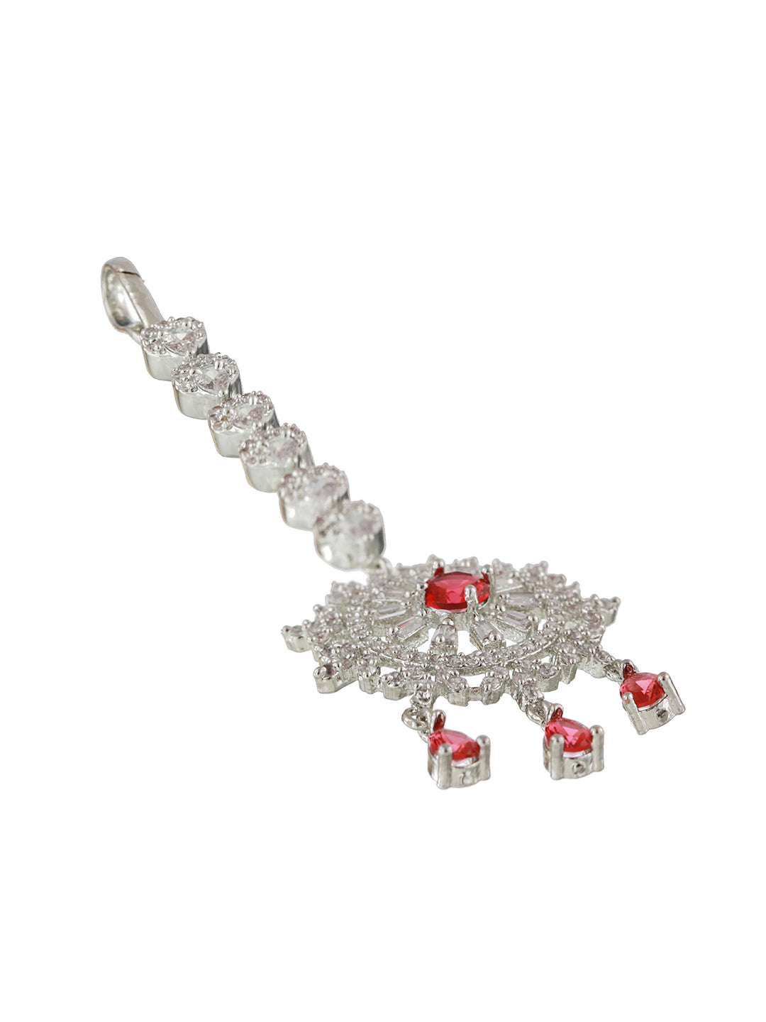 Silver Plated Ruby American Diamond Studded Handcrafted Necklace Set With Maangtikka - Jazzandsizzle