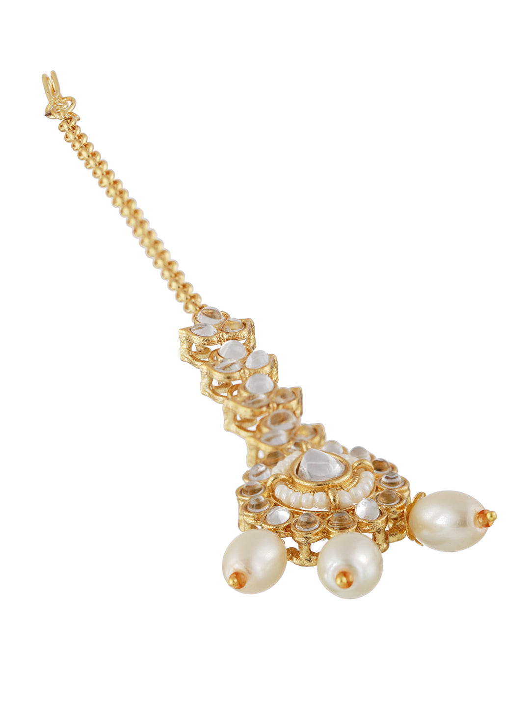 Gold-Plated White Kundan Studded & Beaded Choker Jewellery Set with Maangtikka - Jazzandsizzle