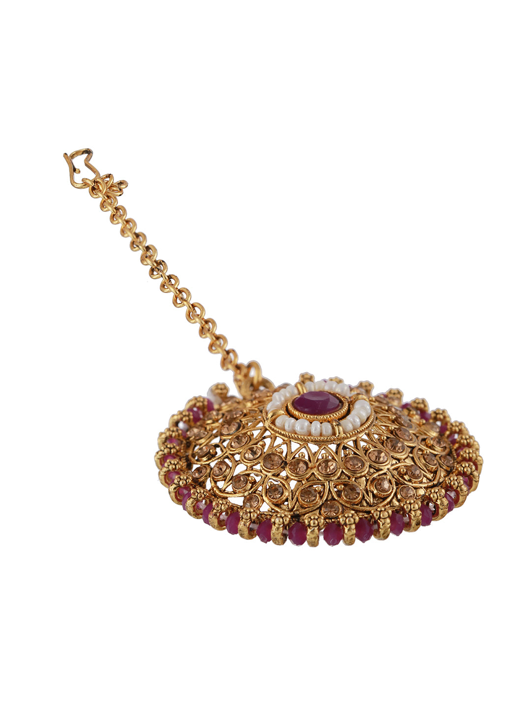 Gold-Plated Purple & White Kundan Studded & Beaded Choker Jewellery Set with Maangtikka - Jazzandsizzle