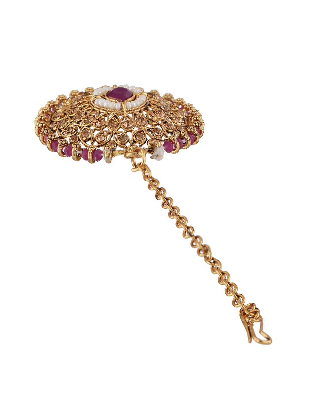Gold-Plated Purple & White Kundan Studded & Beaded Choker Jewellery Set with Maangtikka - Jazzandsizzle
