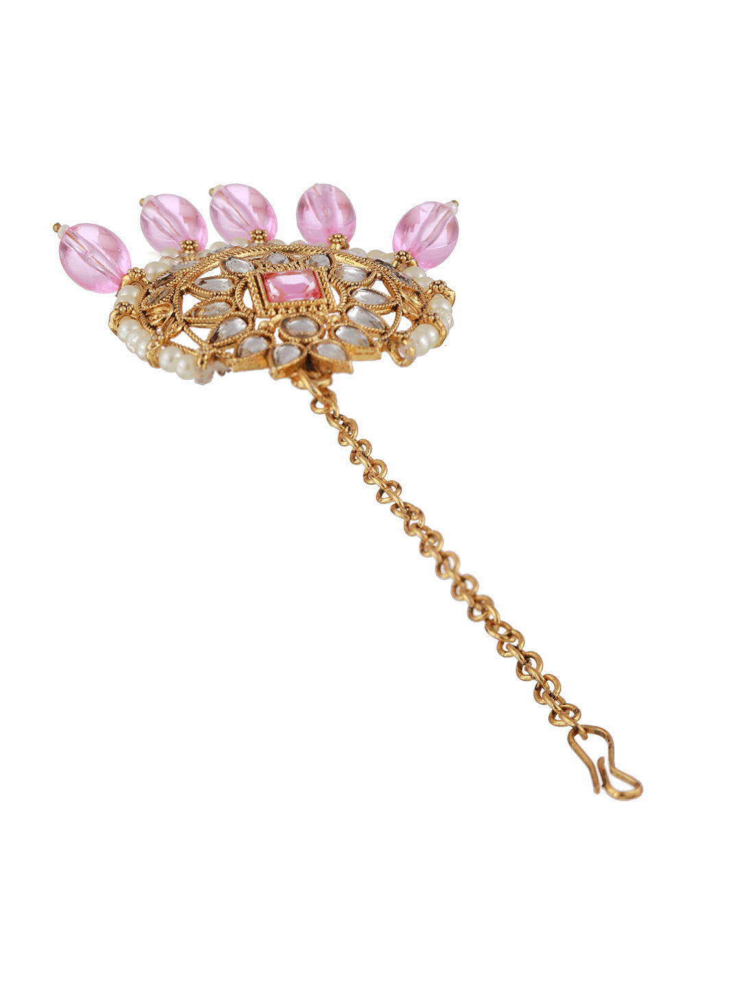 Gold-Plated Pink & White Kundan Studded & Pearl Beaded Choker Jewellery Set with Maangtikka - Jazzandsizzle