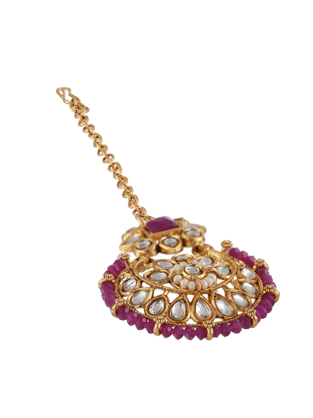 Gold-Plated Wine Kundan Studded & Pearl Beaded Choker Jewellery Set with Maangtikka - Jazzandsizzle