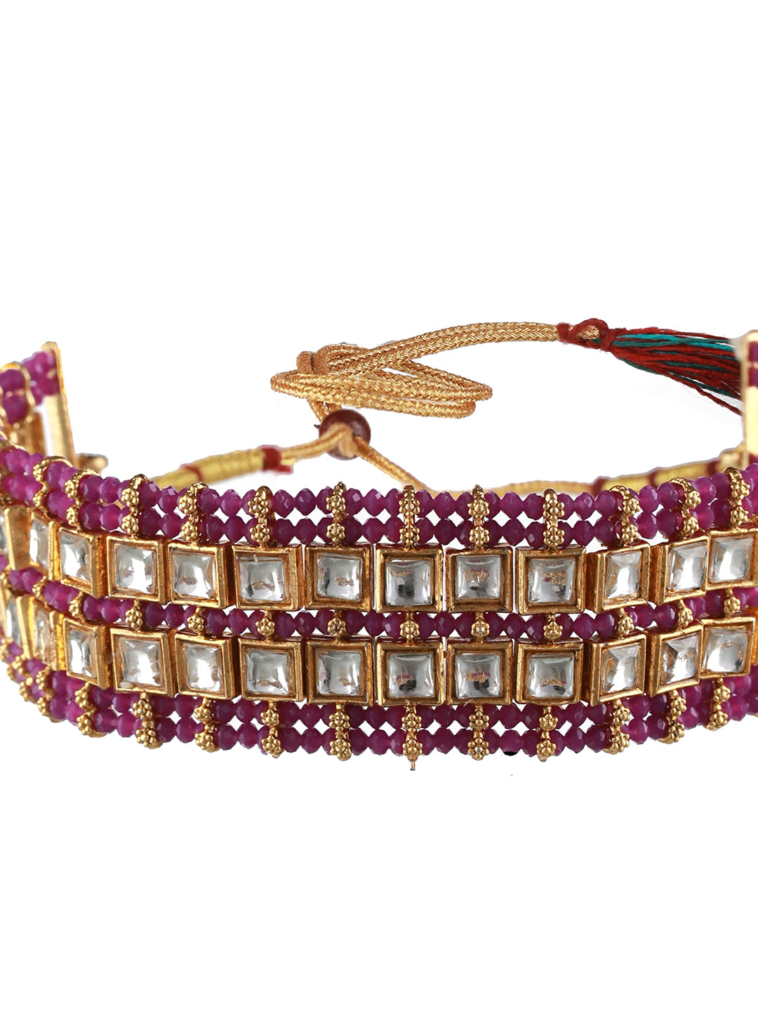 Gold-Plated Wine Kundan Studded & Pearl Beaded Choker Jewellery Set with Maangtikka - Jazzandsizzle