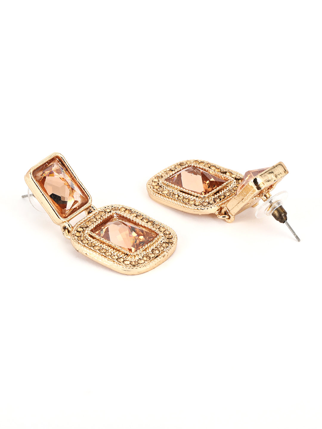 Peach stone & CZ Studded Square Shaped Drop Earrings - Jazzandsizzle