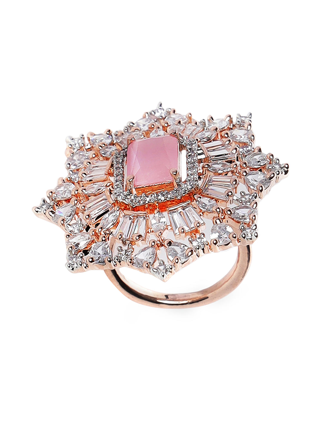 Rose Gold-Plated Pink Ruby & White AD-Studded Handcrafted Adjustable Finger Ring - Jazzandsizzle