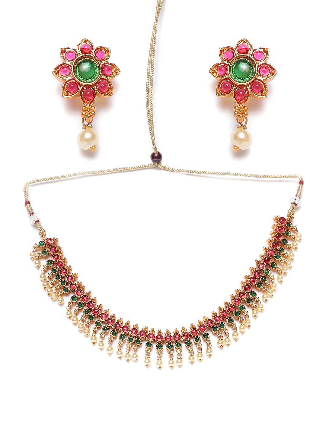 Pink & Green Gold-Plated Stone-Studded & Beaded Handcrafted Jewellery Set - Jazzandsizzle