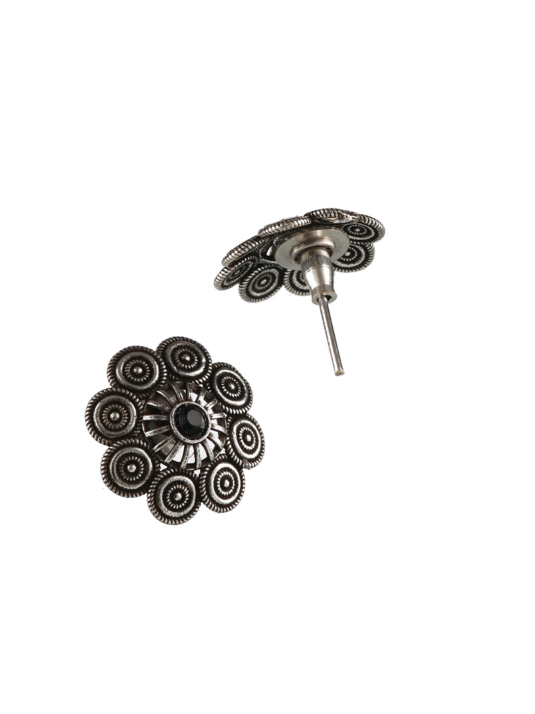 Oxidised Silver-Tone Black Stone Studded Floral Jewellery Set - Jazzandsizzle