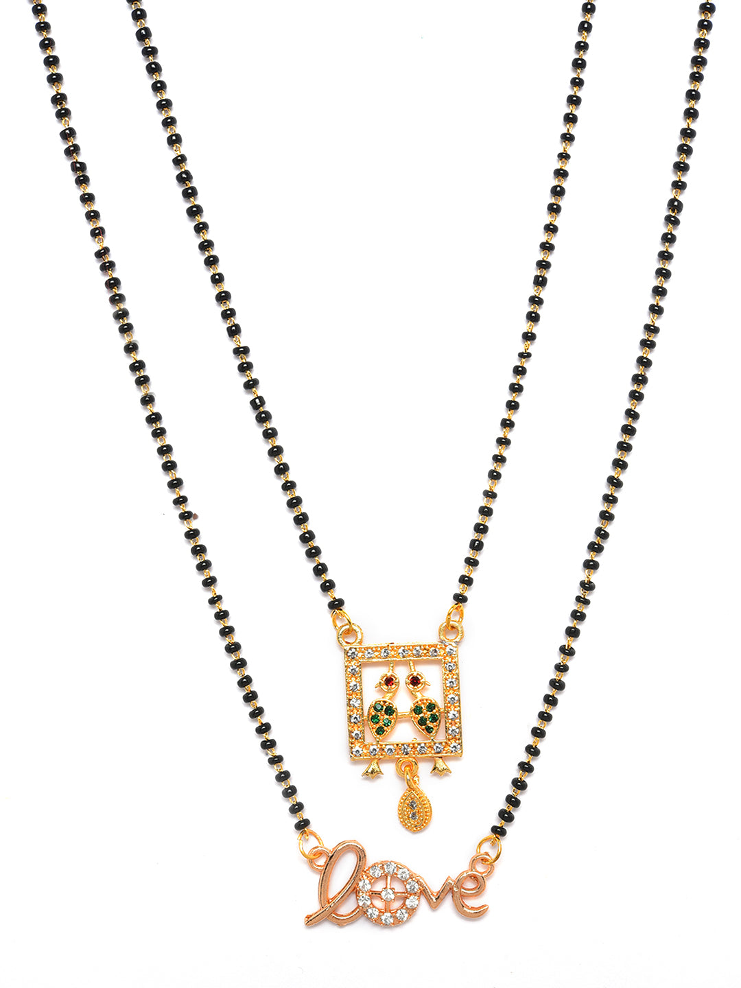 Set of 2 Love & Bird Gold-Plated & AD-Studded Black Beaded Mangalsutra - Jazzandsizzle
