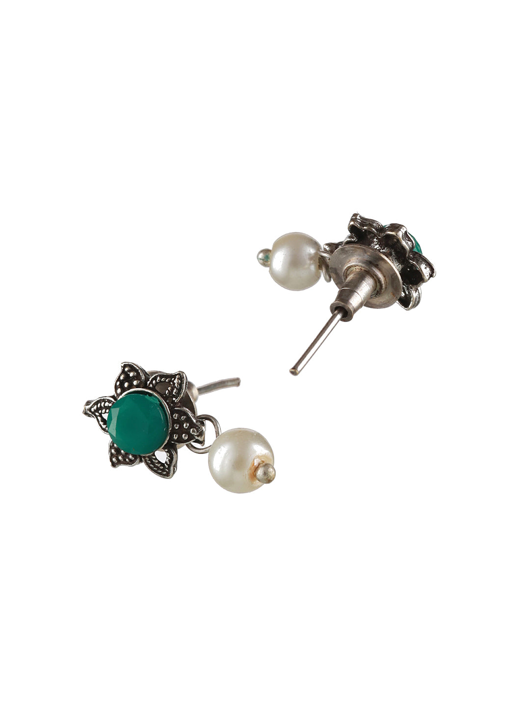 Oxidised Silver-Tone Green Stone Studded & Pearl Beaded Jewellery Set - Jazzandsizzle