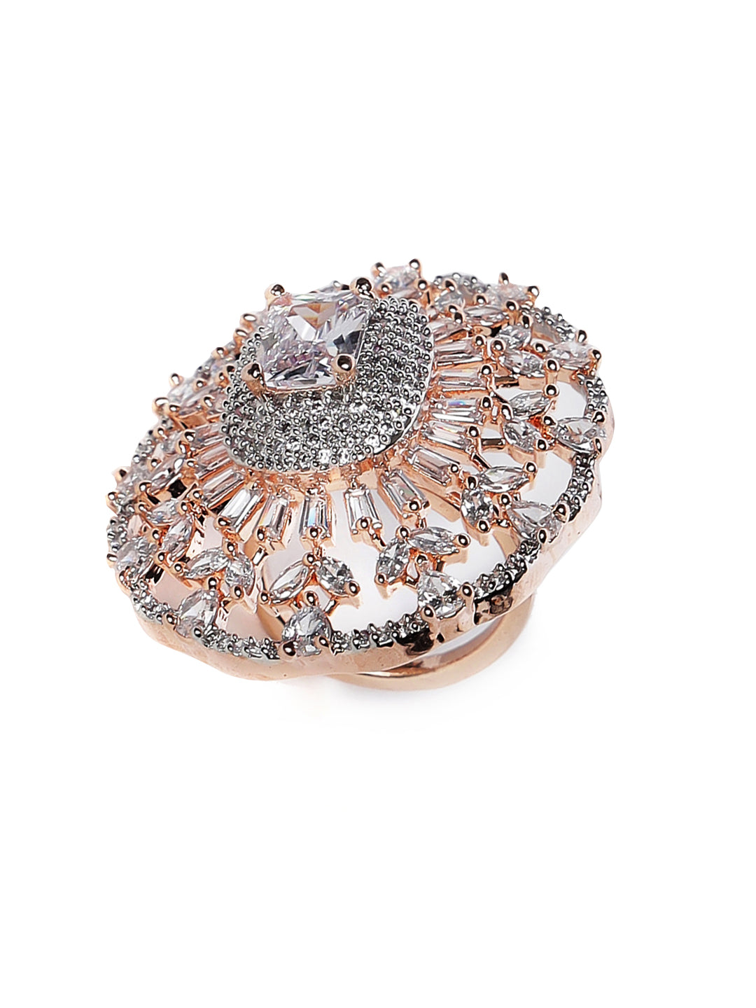 Rose Gold-Plated Silver-Toned AD-Studded Oval Shape Adjustable Finger Ring - Jazzandsizzle