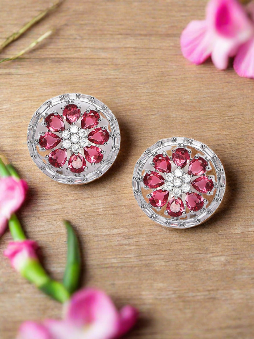 Silver Plated Red Floral Stud Earrings - Jazzandsizzle