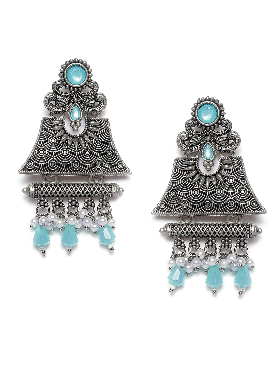 Silver-Toned & Turquoise Blue Dome Shaped Drop Earrings - Jazzandsizzle
