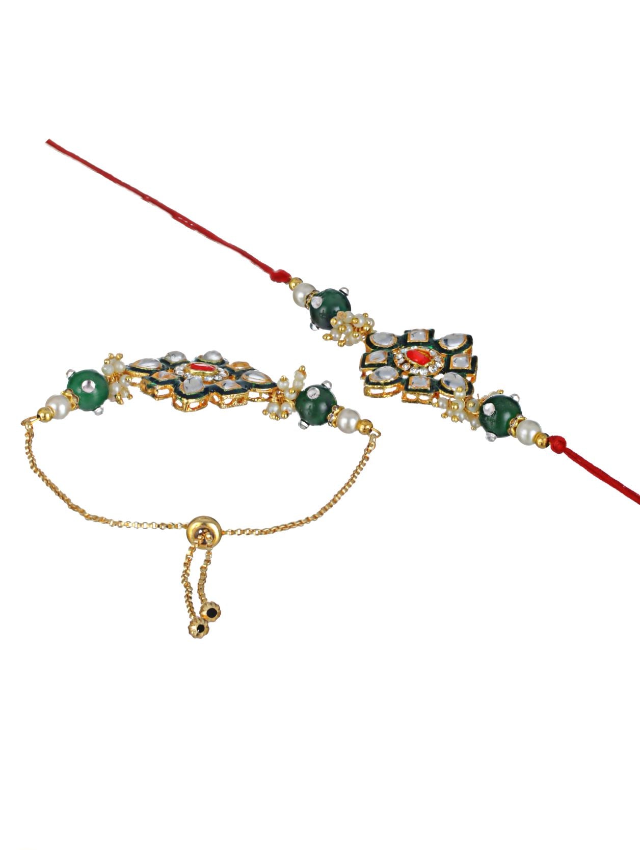 Set Of 2 Floral Green, Red & White Kundan Studded Rakhi
