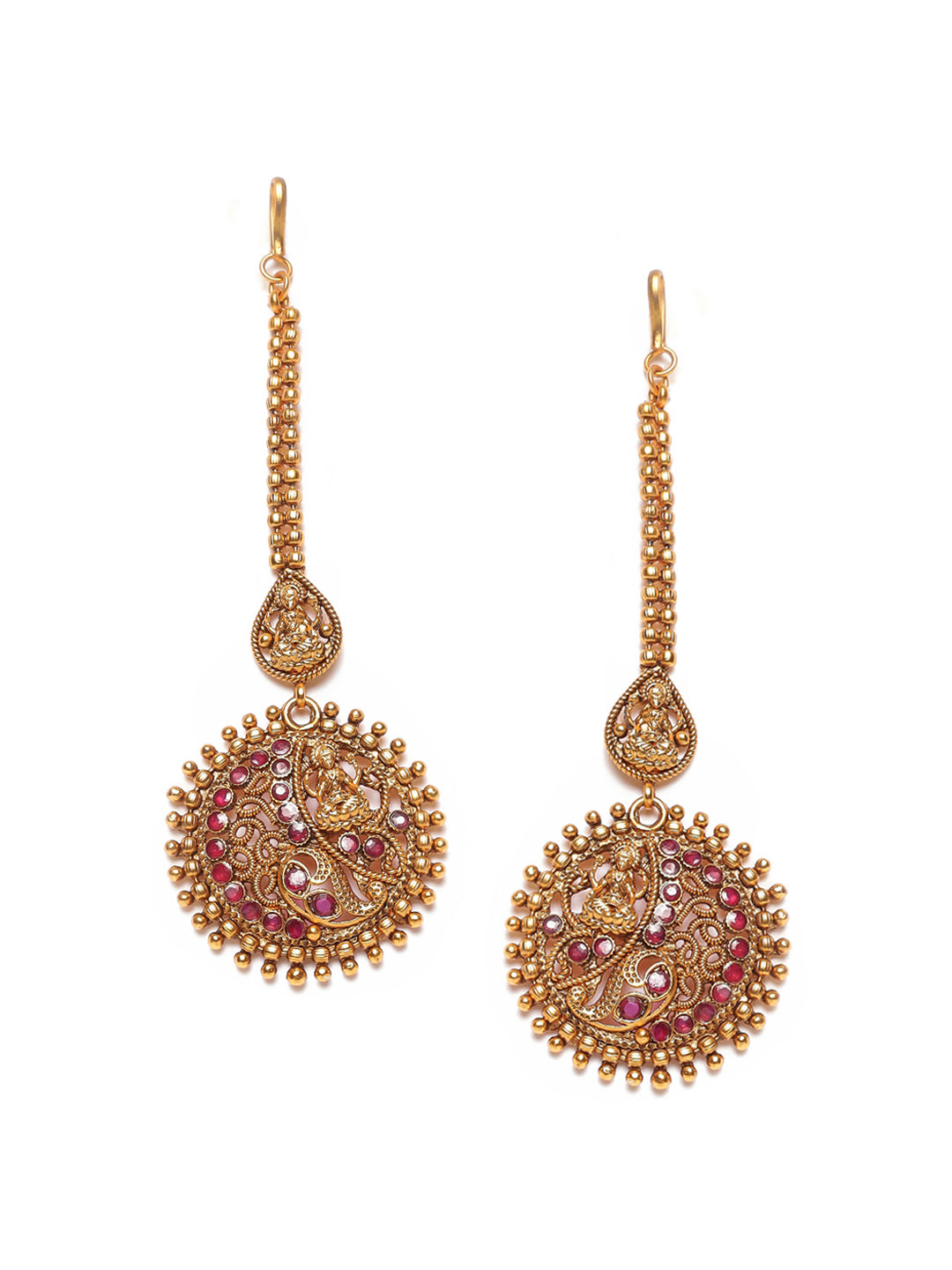 Gold-Plated Maroon Studded & Beaded Handcrafted Maangtikka - Jazzandsizzle