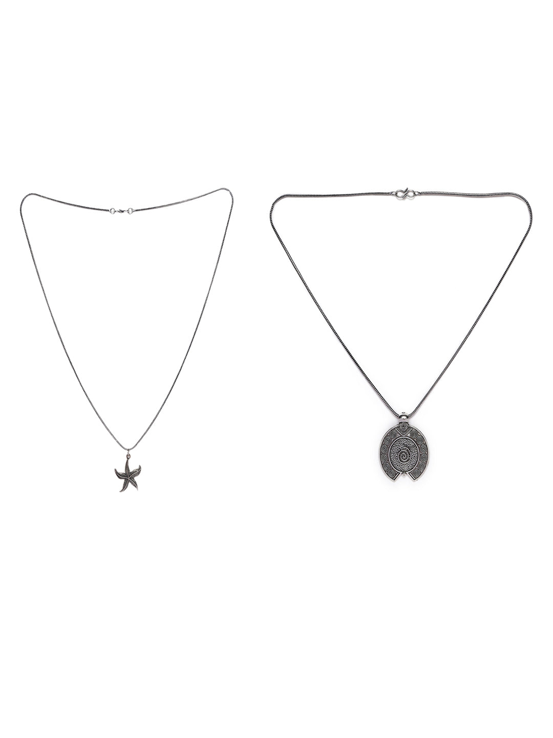 Set of 2 Star & Geometrical shape Oxidised Silver-Toned Textured Necklace - Jazzandsizzle