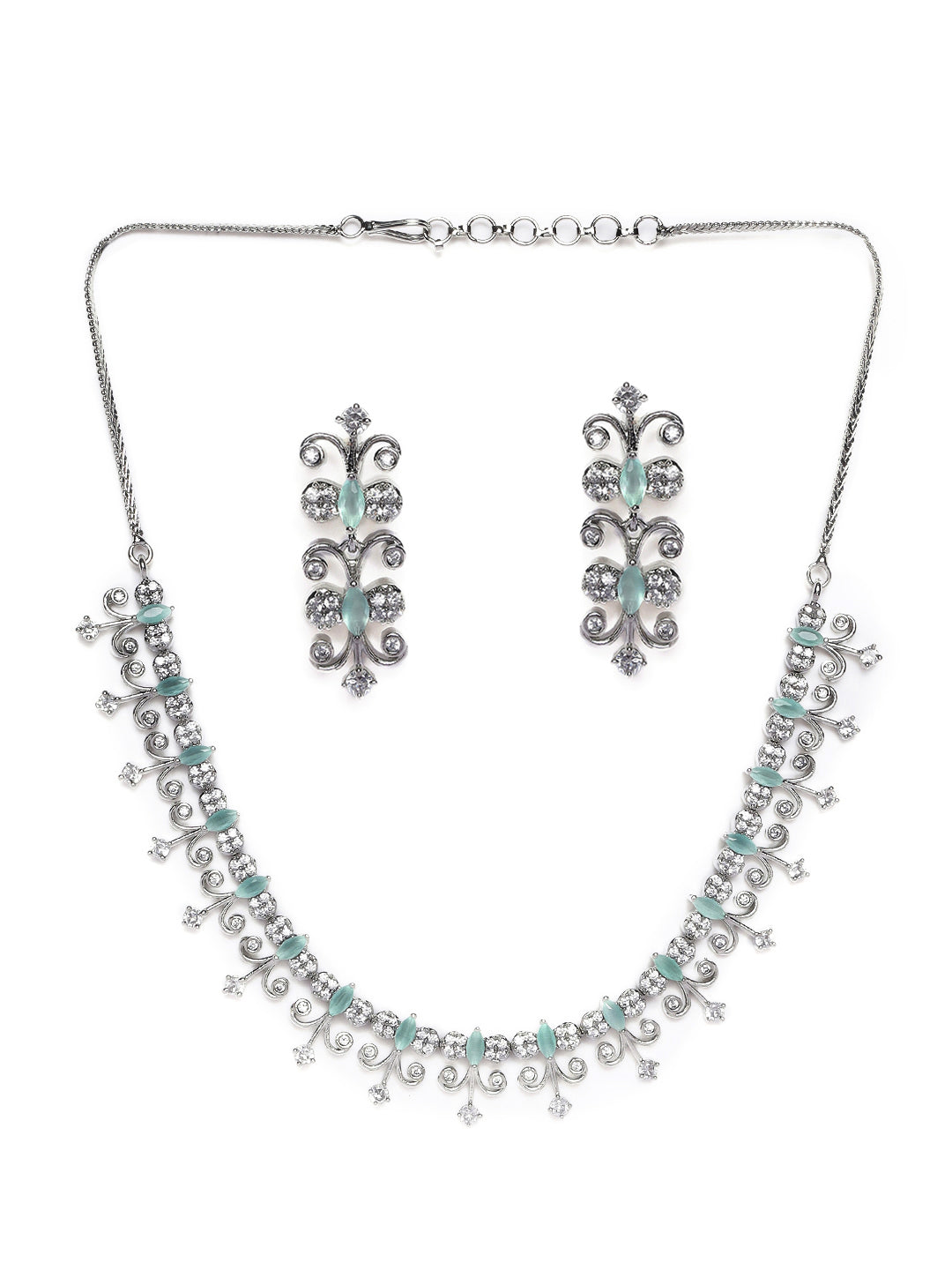 Silver-Plated White & Sea Green AD-Studded Handcrafted Jewellery Set - Jazzandsizzle