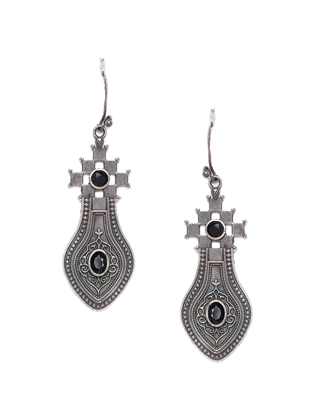 Black Stone Studded & Silver-Toned Contemporary Drop Earrings
