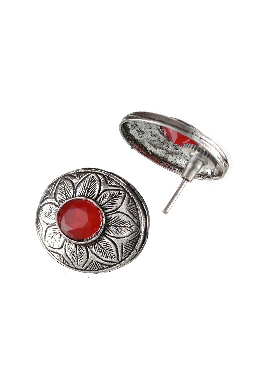 Oxidised Silver-Tone Red Stone Studded Jewellery Set - Jazzandsizzle