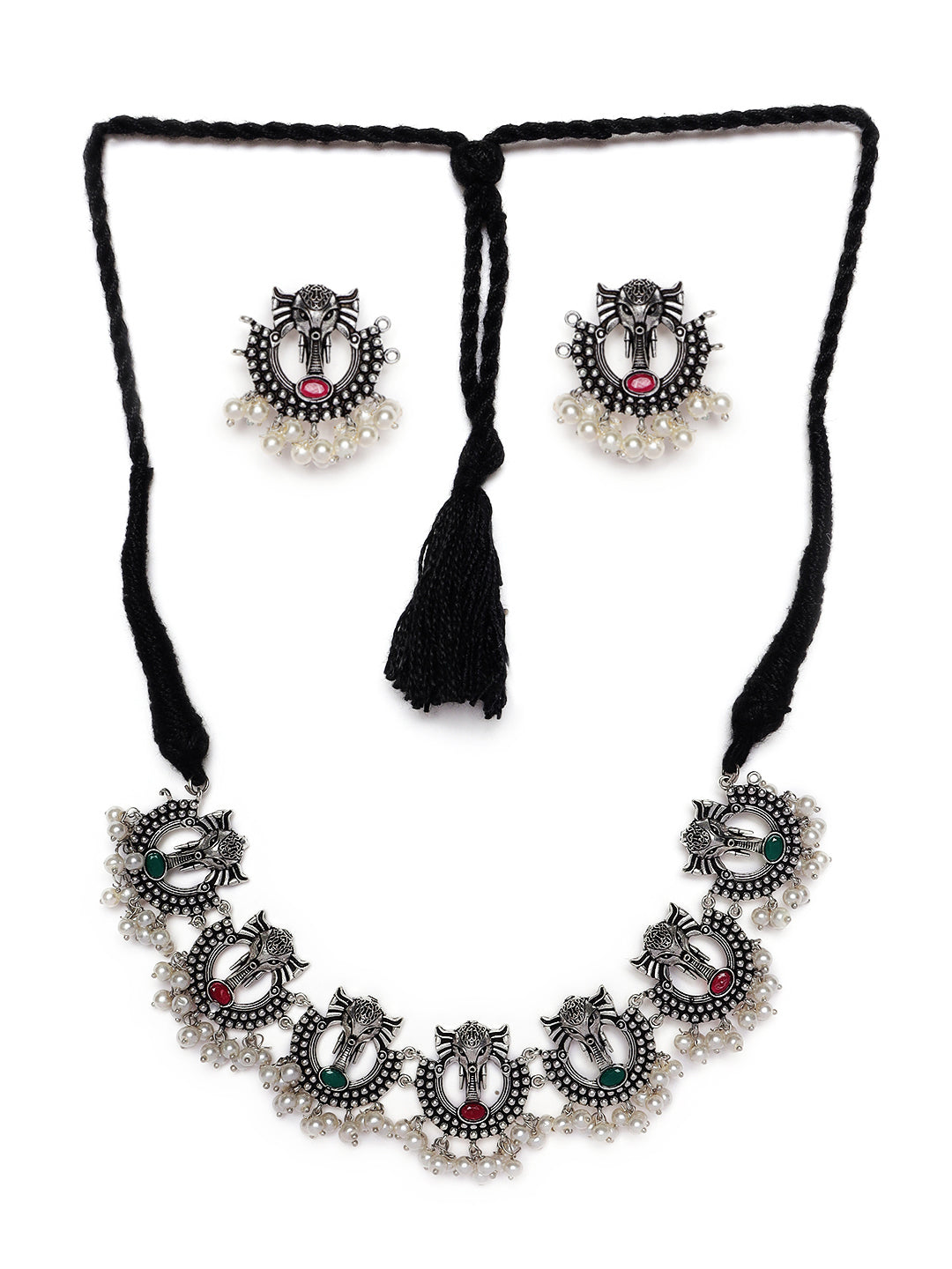 Oxidised Silver-Plated & Green Stone-Studded & Beaded Traditional Jewellery Set - Jazzandsizzle