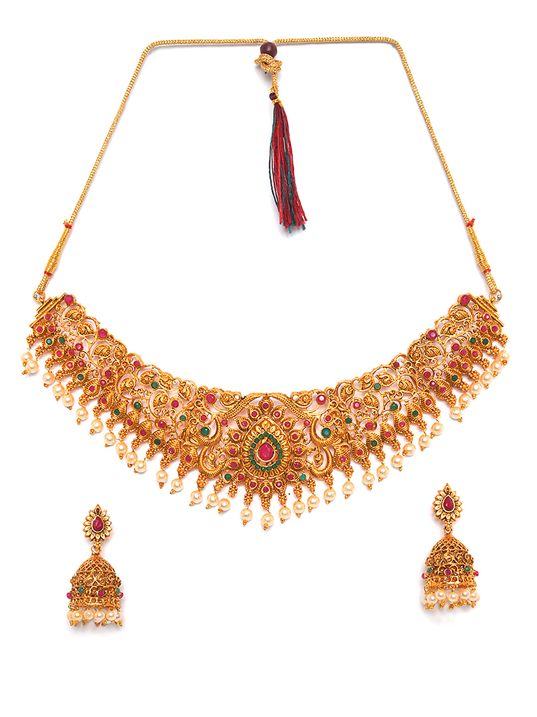 Gold-Toned Pink & Green Stone-Studded, Beaded Handcrafted Jewellery Set - Jazzandsizzle