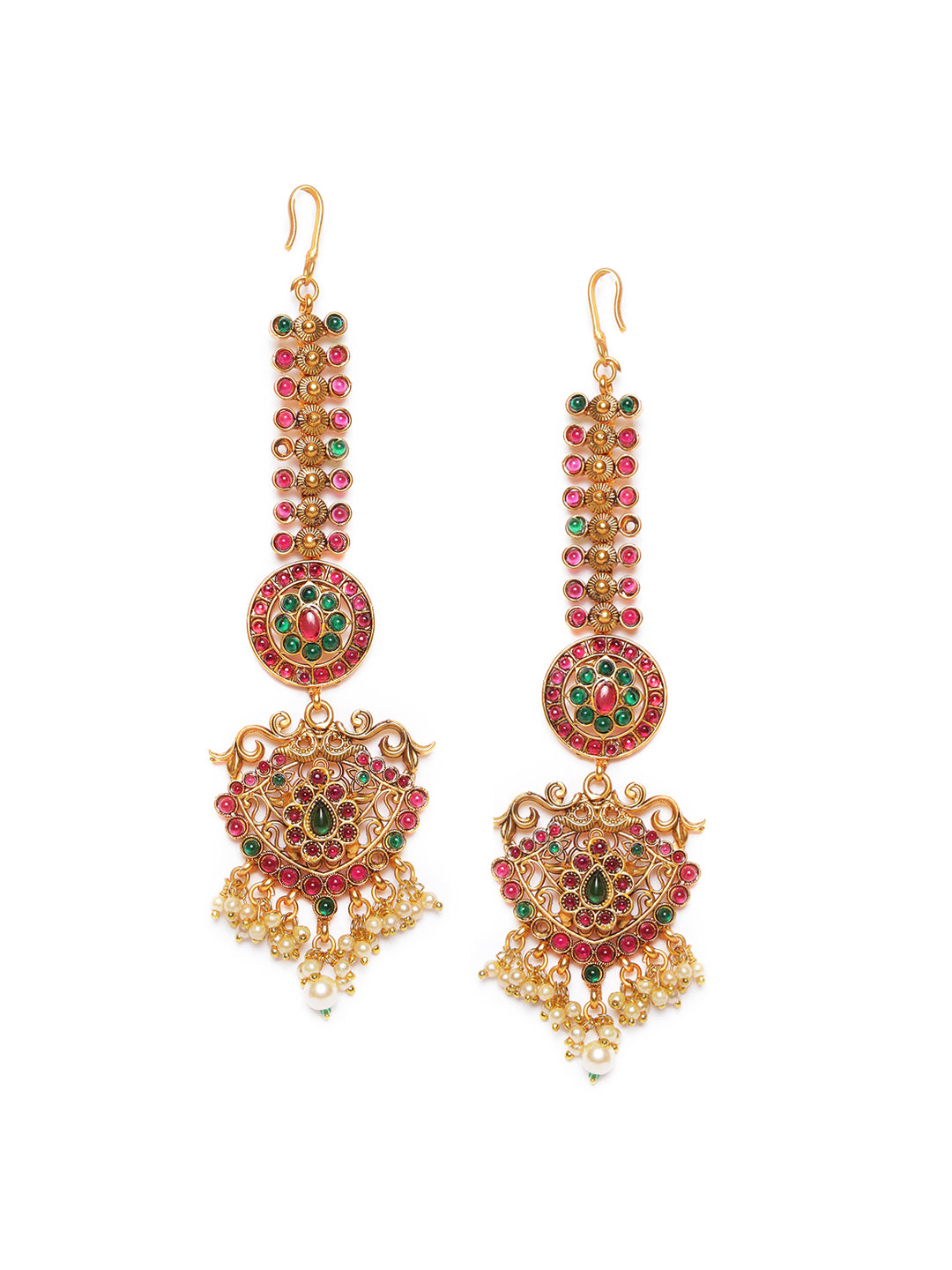 Gold-Plated & Ruby & Emerald Kemp Stones Pearls MaangTikka - Jazzandsizzle