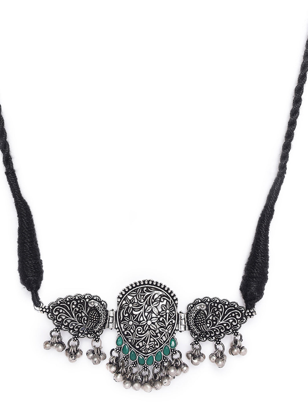 Oxidized Silver-Plated Green Stone-Studded & Beaded Handcrafted Peacock Shaped Jewelry Set - Jazzandsizzle
