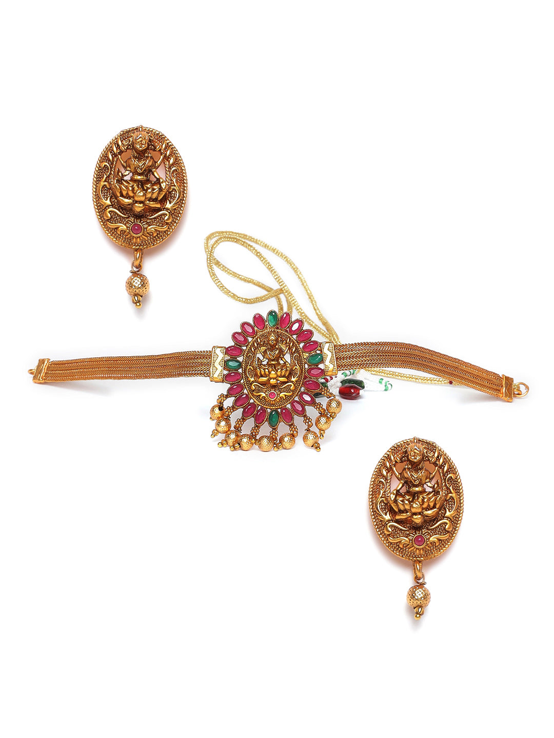 Gold-Plated Pink & Green Stone-Studded & Beaded Handcrafted Jewellery Set - Jazzandsizzle