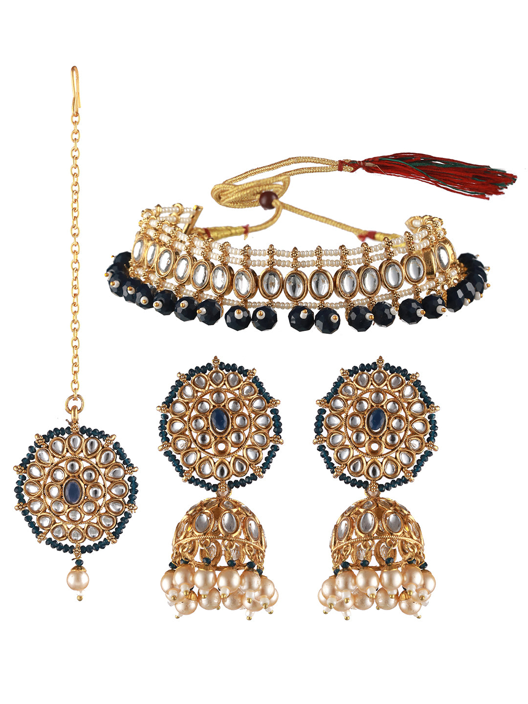 Gold-Plated Blue& White Kundan Studded & Beaded Choker Jewellery Set with Maangtikka - Jazzandsizzle